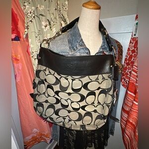 Coach Zoe 12674 Black & Khaki Jacquard with Leather Trim – Classic Hobo Style